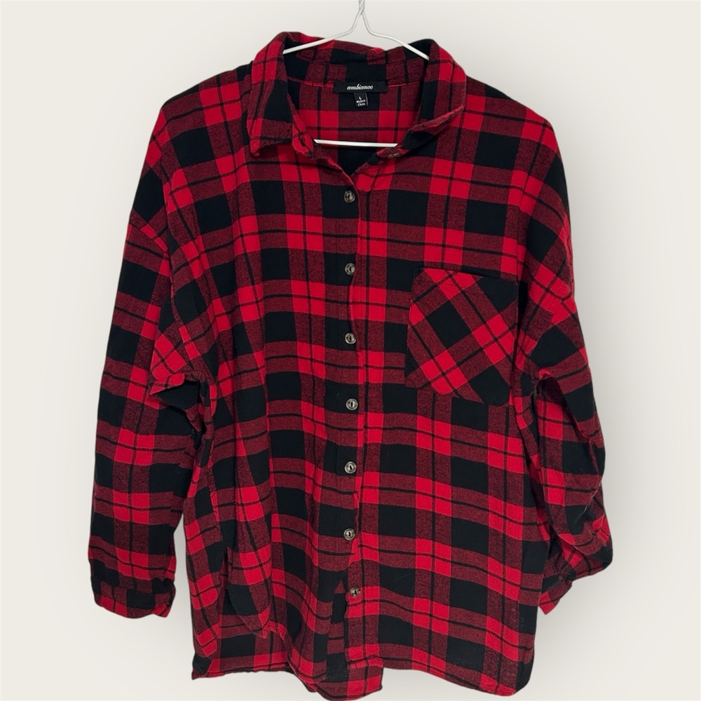 Ambiance Classic Red Black Buffalo Plaid Flannel Shirt - Size L/G